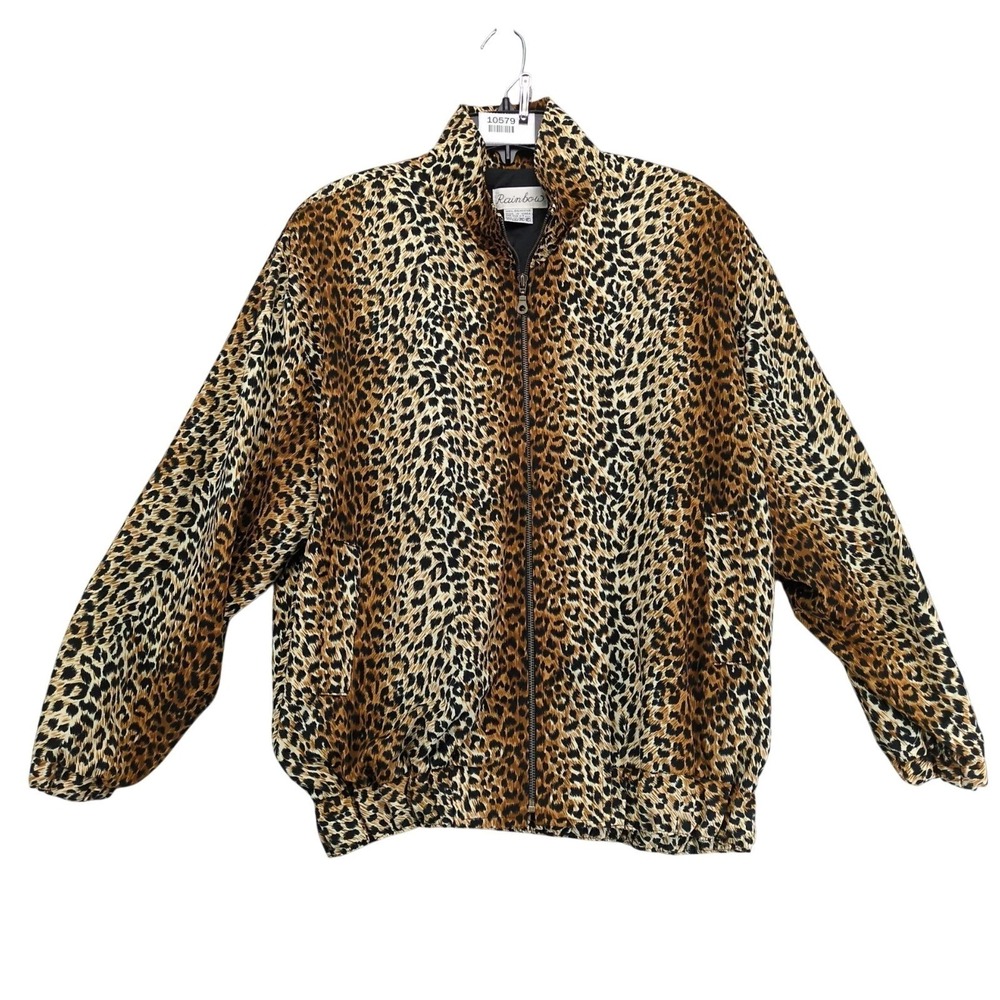 Vintage Rainbow Leopard Print Bomber Jacket Womens One Size‎ 80s Korea Full Zip